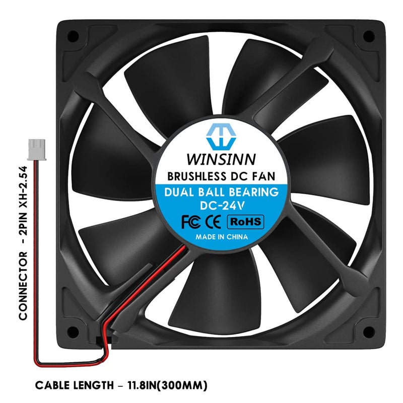 WINSINN مروحة WINSINN 120mm 24V ذات محامل كروية مزدوجة بدون فرش 12025 120x25mm لتبريد علبة الكمبيوتر ومعالجات CPU والمشعات - 2Pin - Image 3
